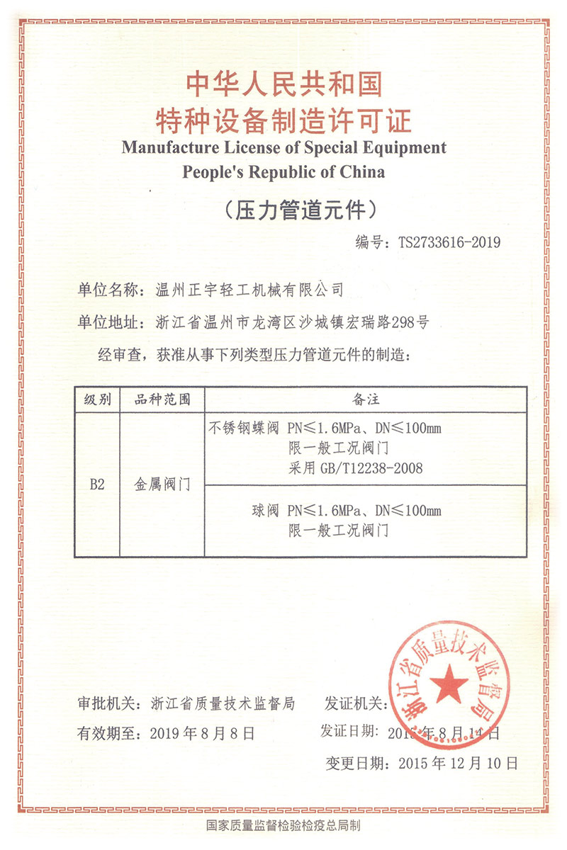 Manufacture License of Special Equipemnt People's Republic of China